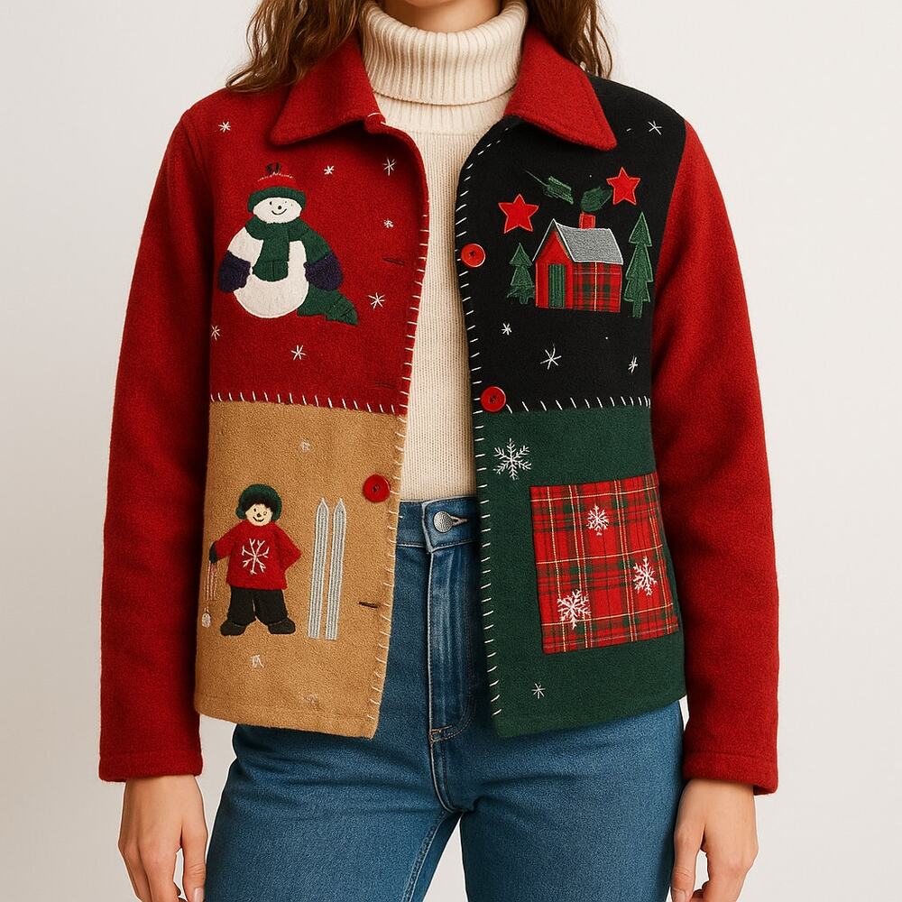 Vintage TAKE TWO Wool Christmas Patchwork Jacket – Snowman Ski Appliqué – Size M